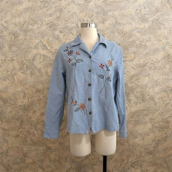 Alfred Dunner Embroidered Floral Denim Shirt Button Down Large 12 - Picture 1 of 8